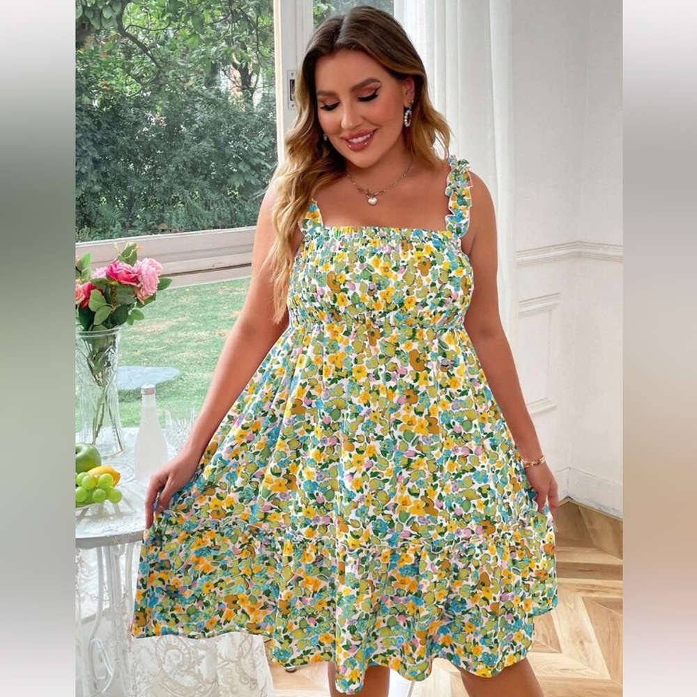 Plus Allover Floral Print Shirred Ruffle Hem Cami Dress 2X Shein Curve